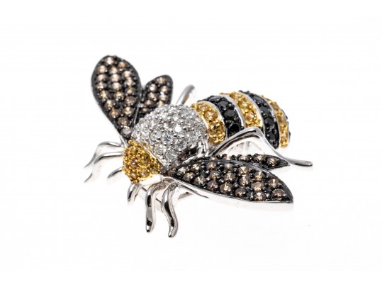 18k Striking Yellow Sapphire And White, Black And Cognac Diamond Bee Brooch