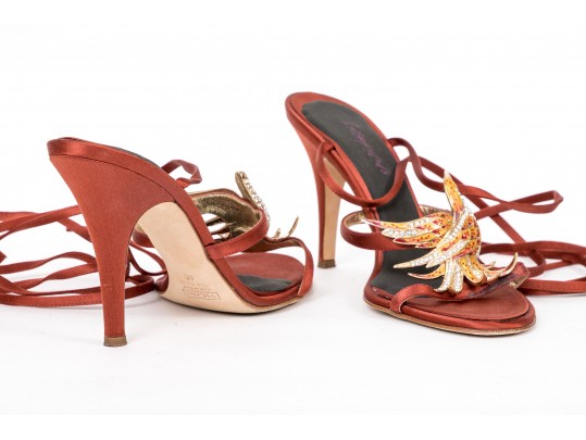 Vicini Impactful Dark Orange Satin Top Handle Bag And Matching Sandals, Size 40, Bird Motif Decorati