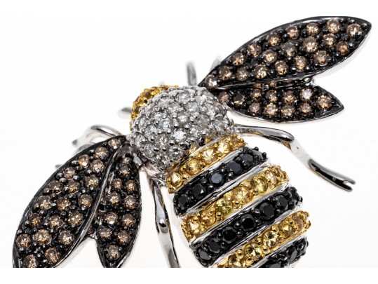 18k Striking Yellow Sapphire And White, Black And Cognac Diamond Bee Brooch