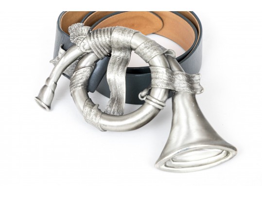 Margarita Barrera Festive Vintage Silver Tone French Horn Belt Buckle, 1994, With Belt