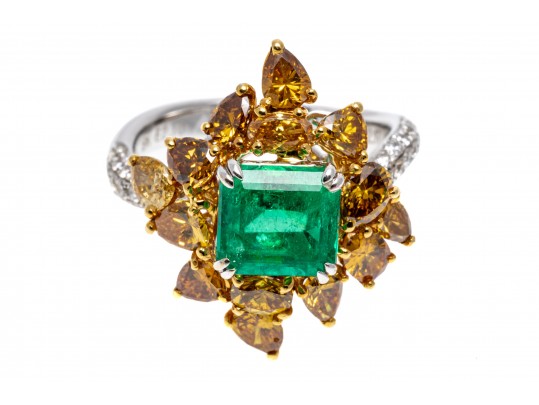 M. Christoff 18k Stunning Emerald, Yellow And White Diamond Cocktail Ring, Size 6.25+