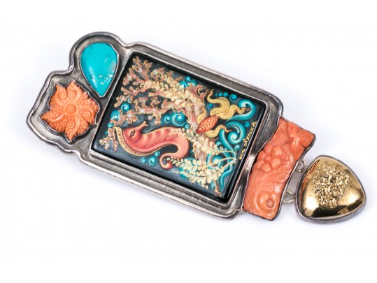 Amy Kahn Russell Sterling Silver Striking Sea Life Motif Brooch, With Coral And Turquoise