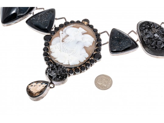 Margaret Thurman Magnificent Sterling, Cameo, Jet, Druzy And Smoky Quartz Necklace