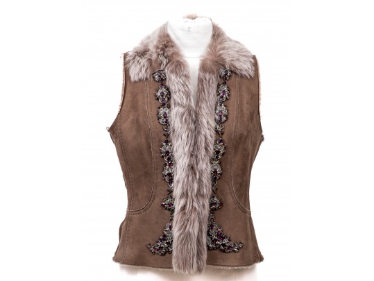 Elie Tahari Striking Brown Toned Bedazzled Shearling Vest, Size XS