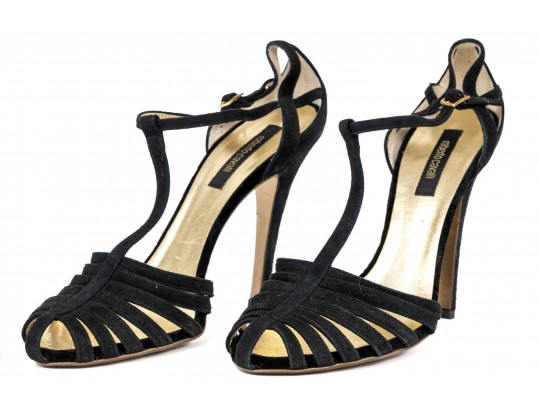 Roberto Cavalli Classic Black Suede Stilleto T-straps, Size 40