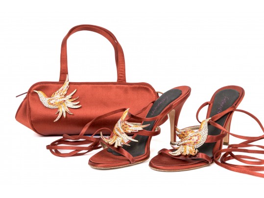 Vicini Impactful Dark Orange Satin Top Handle Bag And Matching Sandals, Size 40, Bird Motif Decorati