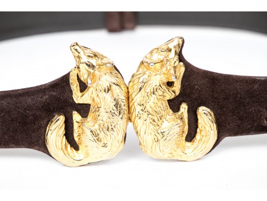 Judith Leiber Unique Vintage Gold Tone Opposing Fox Motif Buckle, With Belt