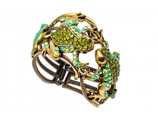 Fabulous Bedazzled Rhinestone Frog Motif Wide Hinged Cuff Bracelet