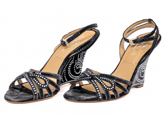Valentino Garavini Extravagant, Dark Grey Strappy Wedge Sandals, Bejeweled, Size 40 1/2
