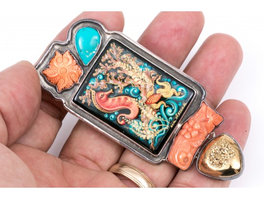 Amy Kahn Russell Sterling Silver Striking Sea Life Motif Brooch, With Coral And Turquoise