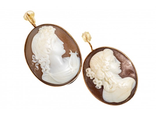 9k Gold Pretty Carved Cameo Drop Earrings With Simple Frames