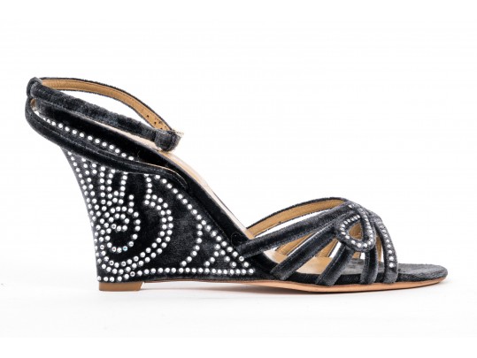 Valentino Garavini Extravagant, Dark Grey Strappy Wedge Sandals, Bejeweled, Size 40 1/2