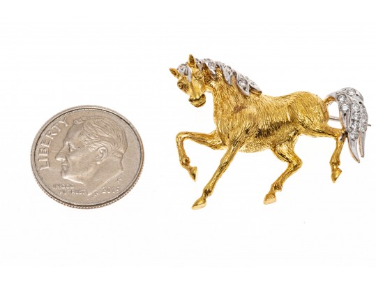 18k Yellow Gold Playful Horse Motif Animal Form Brooch With Diamonds