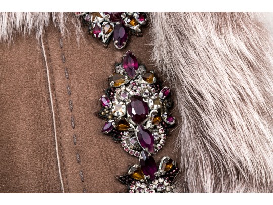 Elie Tahari Striking Brown Toned Bedazzled Shearling Vest, Size XS