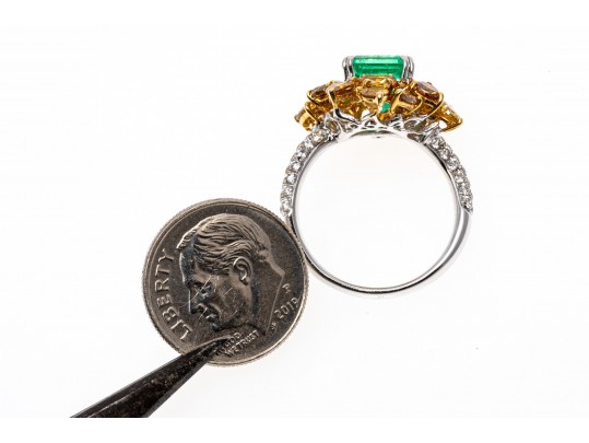M. Christoff 18k Stunning Emerald, Yellow And White Diamond Cocktail Ring, Size 6.25+
