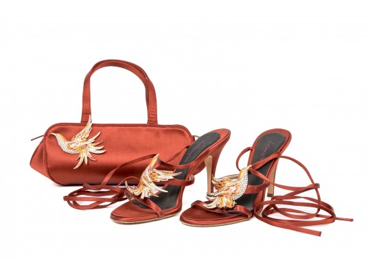 Vicini Impactful Dark Orange Satin Top Handle Bag And Matching Sandals, Size 40, Bird Motif Decorati