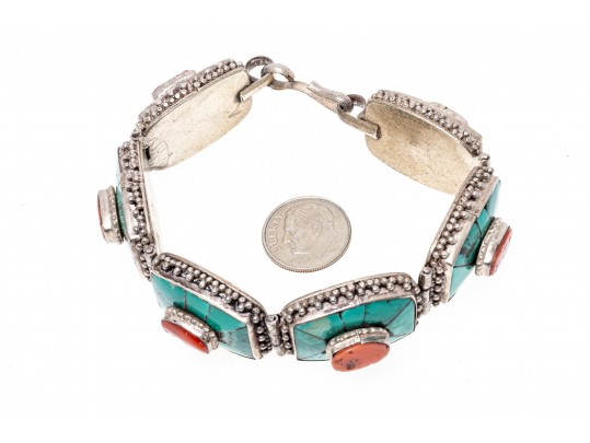 Sterling Silver Striking Southwestern Motif Turquoise And Coral Link Bracelet