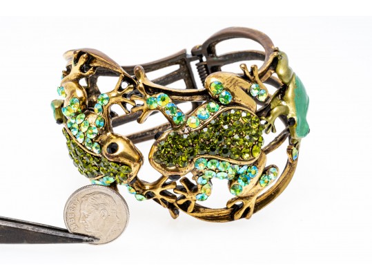 Fabulous Bedazzled Rhinestone Frog Motif Wide Hinged Cuff Bracelet