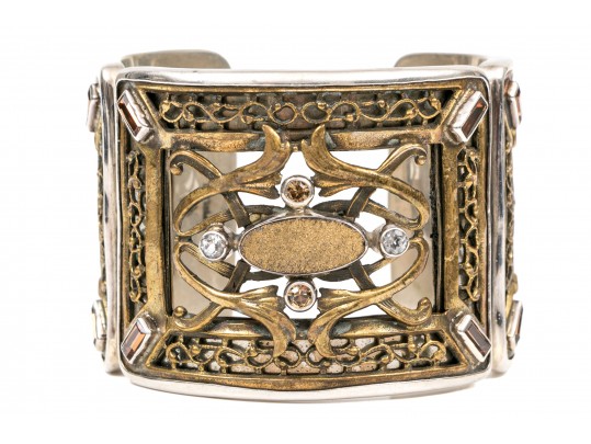 Margaret Thurman Sterling And Bronze Wide Lattice And White Topaz Cuff Bracelet
