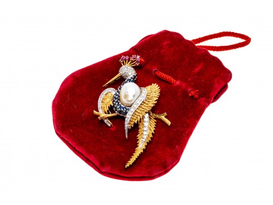 18k Yellow Gold Graceful Diamond Bird Brooch, App. 0.97 TCW