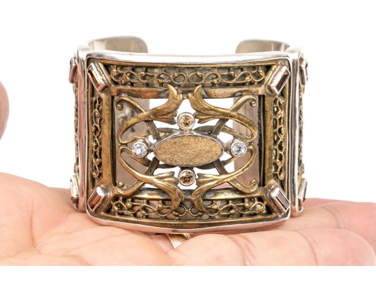 Margaret Thurman Sterling And Bronze Wide Lattice And White Topaz Cuff Bracelet