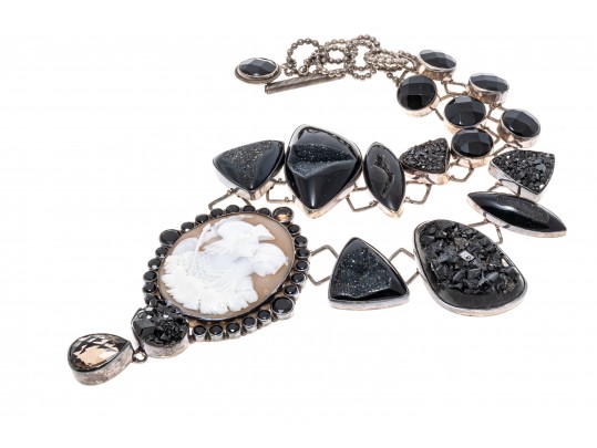 Margaret Thurman Magnificent Sterling, Cameo, Jet, Druzy And Smoky Quartz Necklace