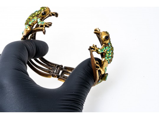 Fabulous Bedazzled Rhinestone Frog Motif Wide Hinged Cuff Bracelet