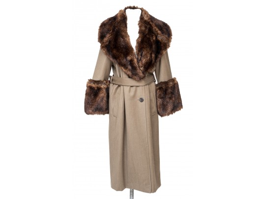 Ralph Lauren Purple Label Tan Wool Belted Faux Fur Trimmed Coat, Size 8