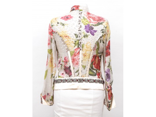 Roberto Cavalli Ivory, Leopard Print And Floral Blouse, Bejeweled, Size 48
