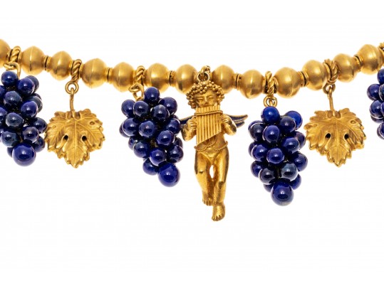 18k Yellow Gold Vintage Grape, Foliate And Cherub Motif Necklace, With Earrings