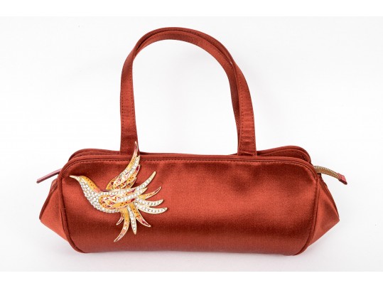 Vicini Impactful Dark Orange Satin Top Handle Bag And Matching Sandals, Size 40, Bird Motif Decorati