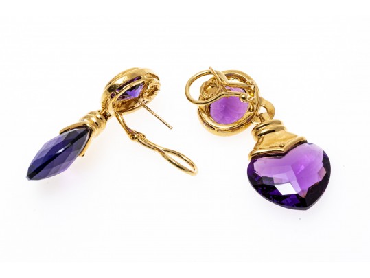 18k Yellow Gold Spectacular Chunky Amethyst Heart And Diamond Drop Earrings