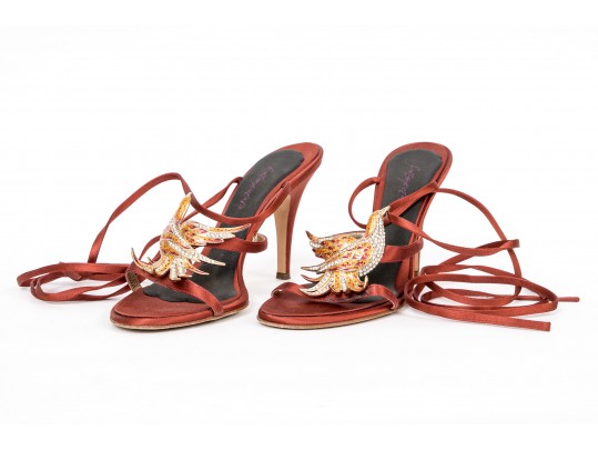 Vicini Impactful Dark Orange Satin Top Handle Bag And Matching Sandals, Size 40, Bird Motif Decorati