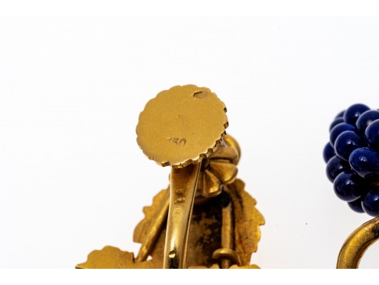 18k Yellow Gold Vintage Grape, Foliate And Cherub Motif Necklace, With Earrings