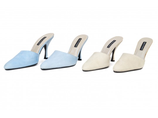 Colin Stuart Pair Of Two Sueded Mules, Light Blue And Light Tan, Size 8 1/2