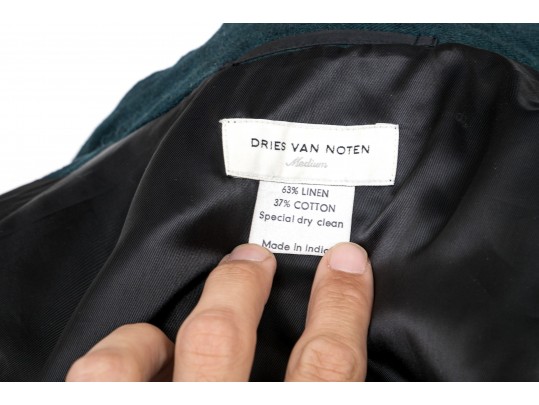 Dries Van Noten Blue Belted Linen Cotton Embroidered Jacket, Size Medium