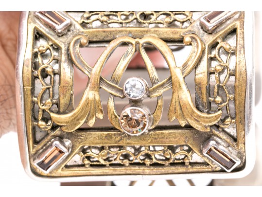 Margaret Thurman Sterling And Bronze Wide Lattice And White Topaz Cuff Bracelet
