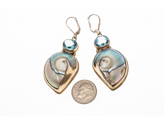 Sterling Abalone Shell And Topaz Pendant Earrings