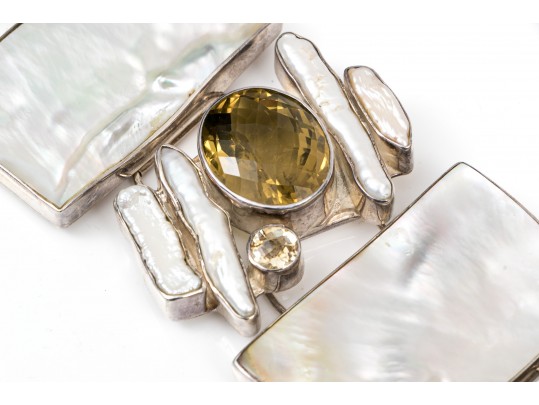 Starborn Sterling Silver Breathtaking Wide Mother-Of-Pearl And Citrine Panel Bracelet