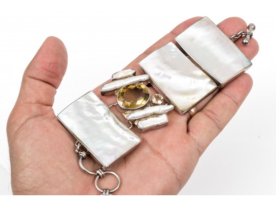 Starborn Sterling Silver Breathtaking Wide Mother-Of-Pearl And Citrine Panel Bracelet