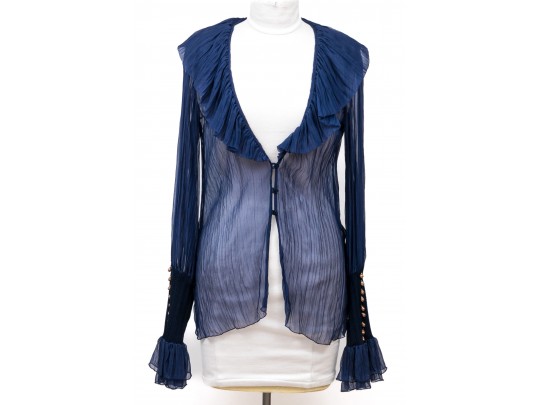 Roberto Cavalli Class Blue Sheer Ruffled Blouse