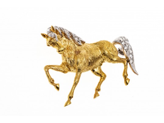 18k Yellow Gold Playful Horse Motif Animal Form Brooch With Diamonds