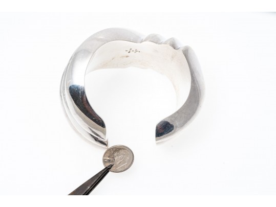 Sterling Silver Chic Wide Chevron Ribbed Cuff Bracelet, See Condition Notes