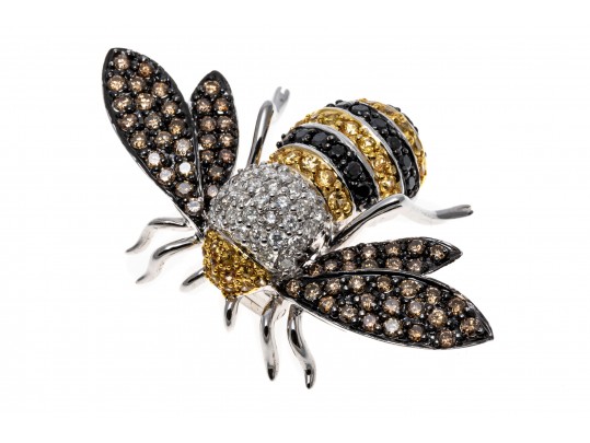 18k Striking Yellow Sapphire And White, Black And Cognac Diamond Bee Brooch