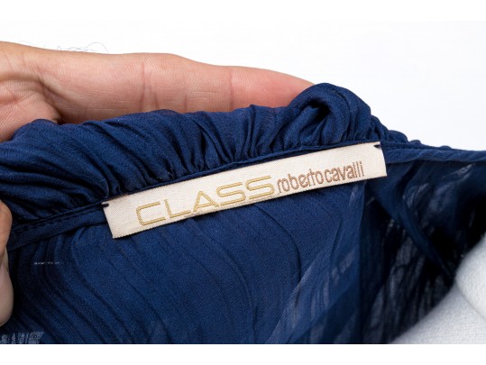 Roberto Cavalli Class Blue Sheer Ruffled Blouse