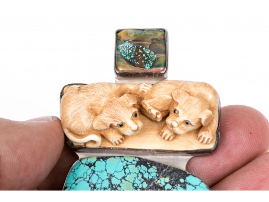 Amy Kahn Russell Sterling Silver Striking Turquoise And Iridescent Glass Brooch