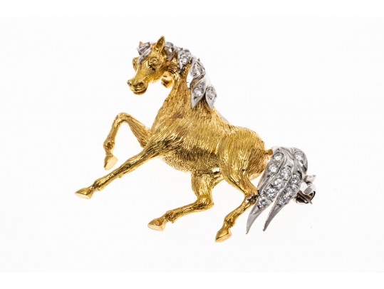 18k Yellow Gold Playful Horse Motif Animal Form Brooch With Diamonds