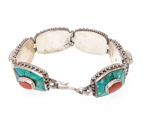 Sterling Silver Striking Southwestern Motif Turquoise And Coral Link Bracelet
