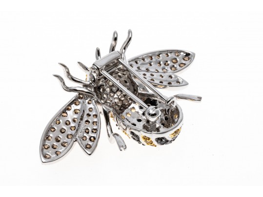 18k Striking Yellow Sapphire And White, Black And Cognac Diamond Bee Brooch