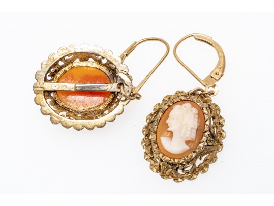 800 Silver Vermail Lovely Cameo Pendant And Matching 14k Wire Cameo Earrings 